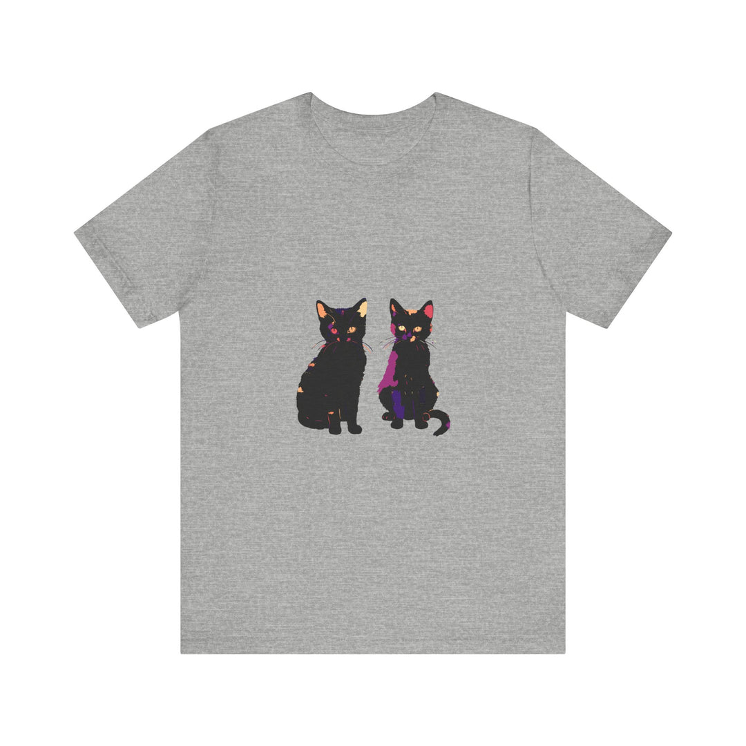 A close-up image of a black cat mystery t-shirt with colorful and elegant designs, perfect for adding a touch of intrigue to your wardrobe