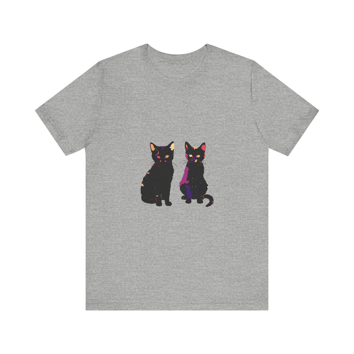 A close-up image of a black cat mystery t-shirt with colorful and elegant designs, perfect for adding a touch of intrigue to your wardrobe