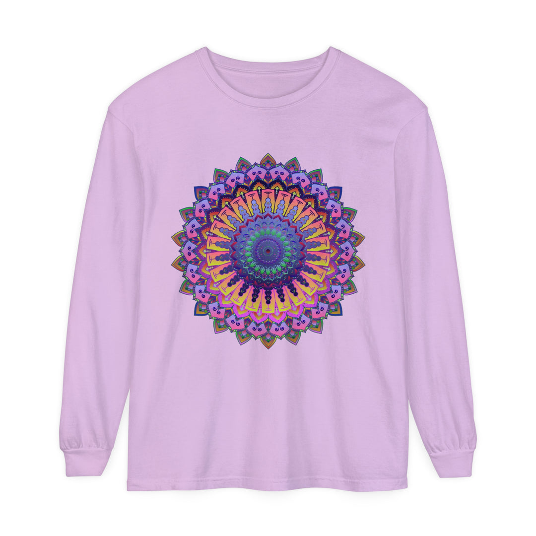 A detailed and colorful mandala design featured on a unisex long sleeve t-shirt