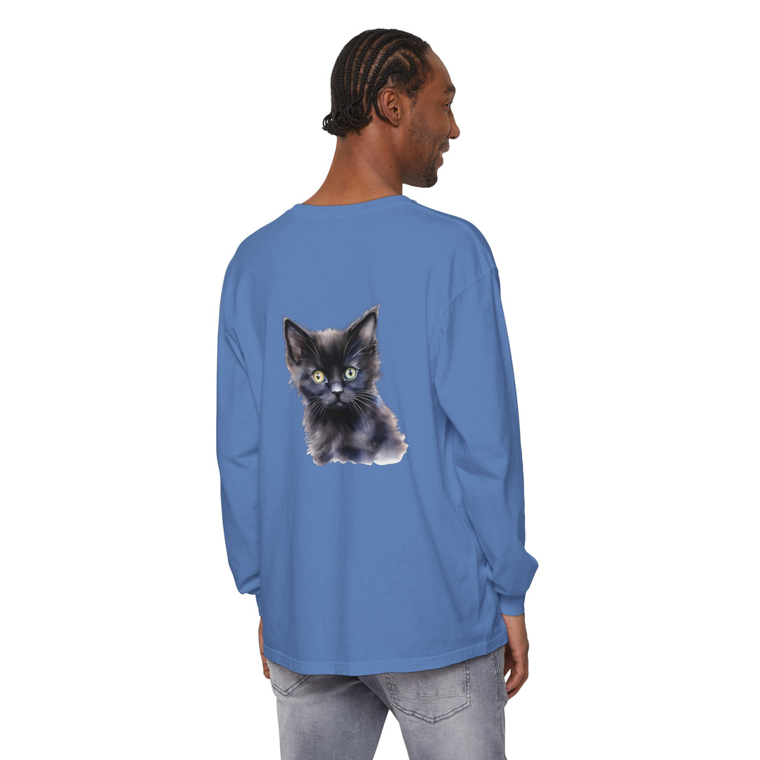 A close-up image of a black long sleeve t-shirt with a mystical kitten design, perfect for both men and women