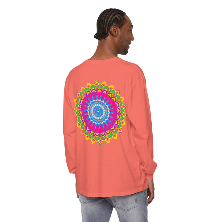 Colorful and intricate mandala design on a unisex long sleeve t-shirt for vibrant style