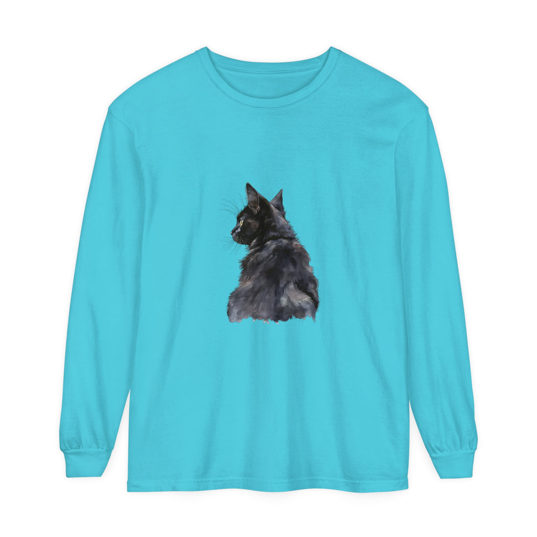 Long sleeve black cat watercolor design t-shirt for animal lovers