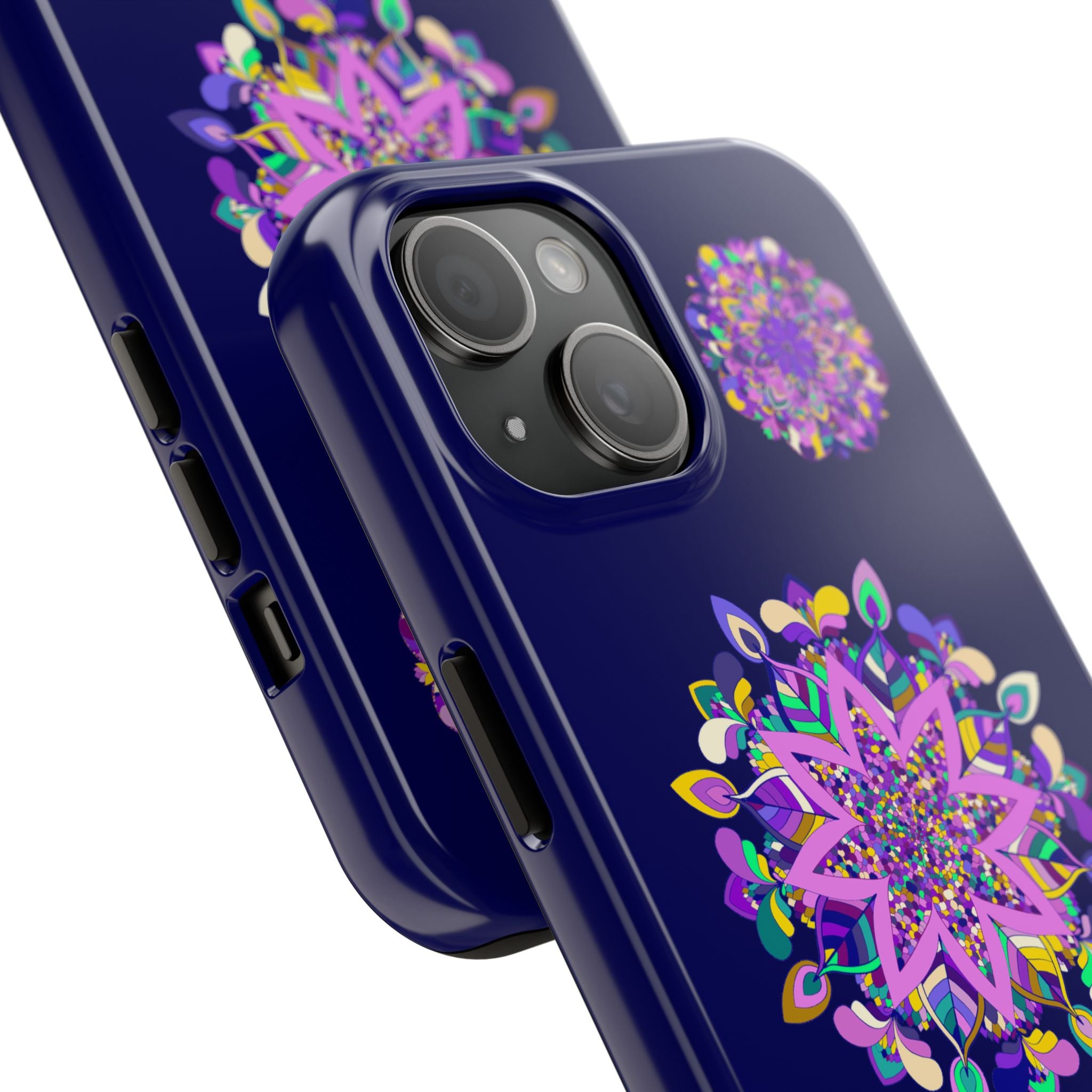 A durable and shock absorbent hand drawn mandala art phone case in purple shades