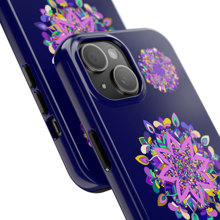 A durable and shock absorbent hand drawn mandala art phone case in purple shades