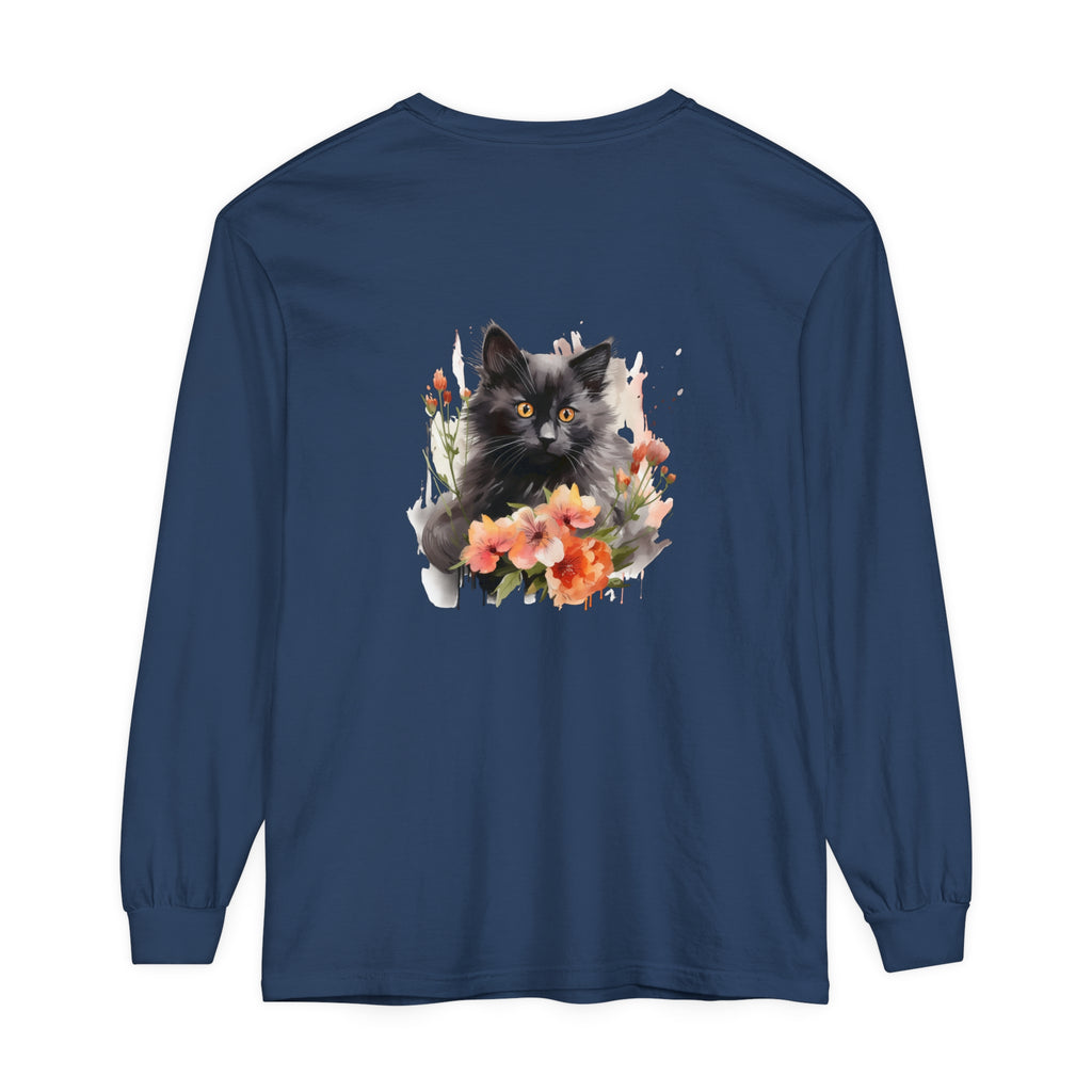 A beautiful watercolor illustration of a black cat surrounded by vibrant flowers on a t-shirt