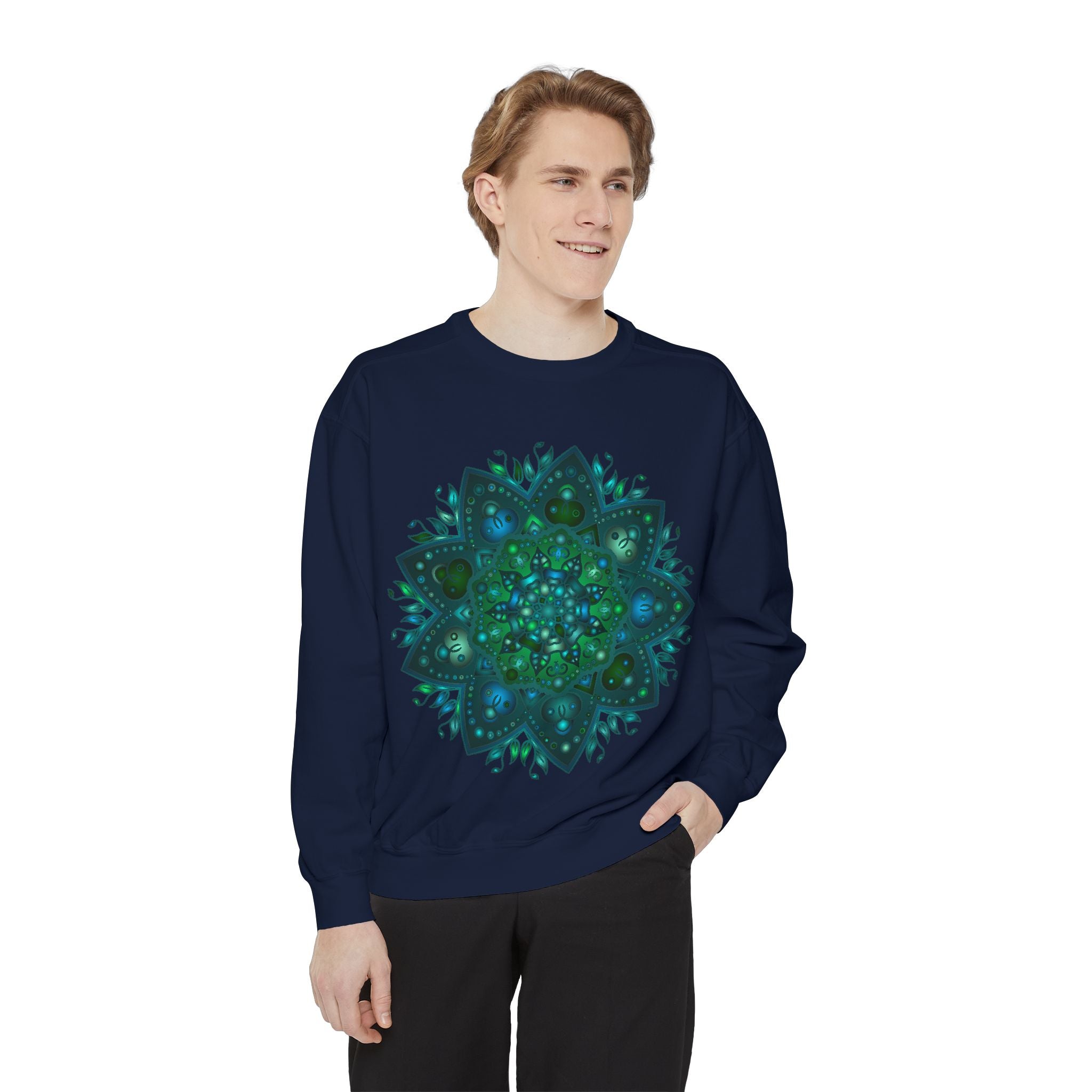 Teal and Blue Mandala Sweatshirt featuring an intricate and detailed design