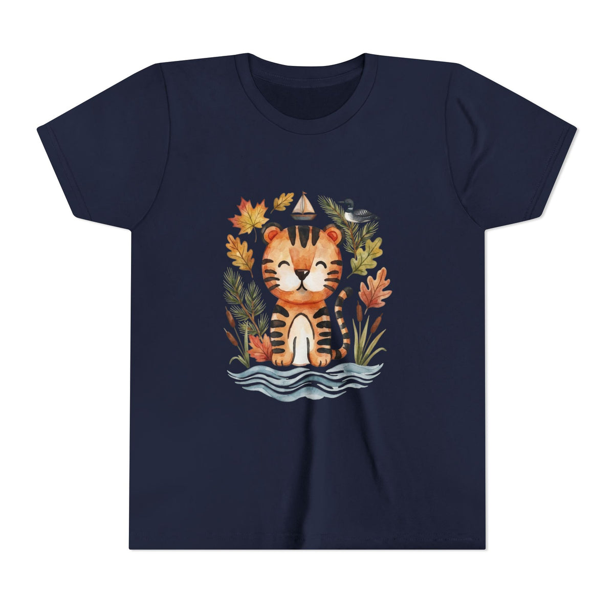 Kids Tiger Lake Ontario Tee — Watercolor Autumn Sailboat & Leaves Youth Short Sleeve Tee