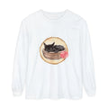 Watercolor illustration of a sleeping cat in a bowl on long sleeve t-shirt