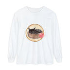 Watercolor illustration of a sleeping cat in a bowl on long sleeve t-shirt