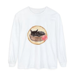 Watercolor illustration of a sleeping cat in a bowl on long sleeve t-shirt