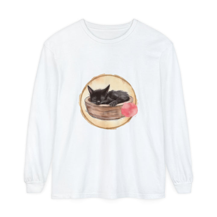 Watercolor illustration of a sleeping cat in a bowl on long sleeve t-shirt