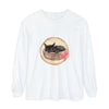 Watercolor illustration of a sleeping cat in a bowl on long sleeve t-shirt