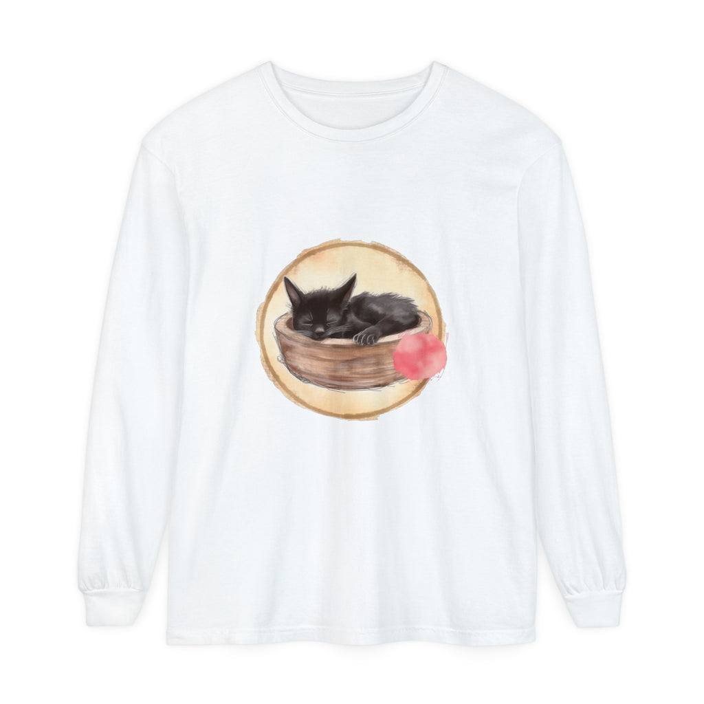 Watercolor illustration of a sleeping cat in a bowl on long sleeve t-shirt