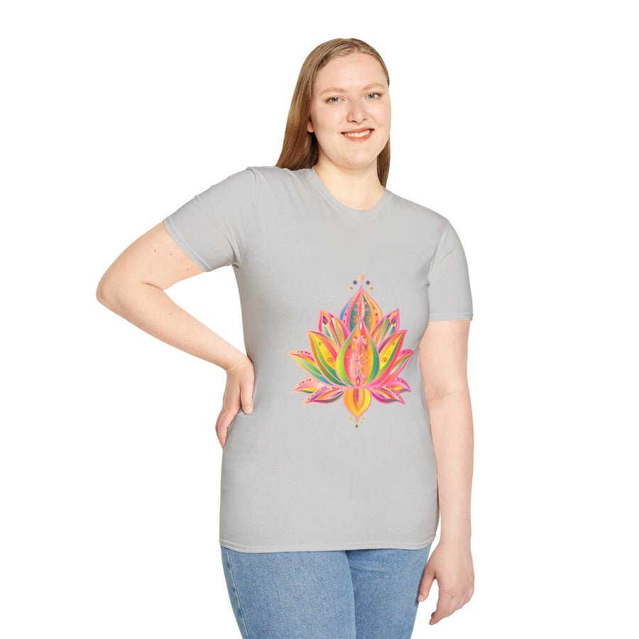 Hand-drawn Lotus Mandala Unisex T-Shirt with unique design by Blululi, perfect for casual wear and yoga enthusiasts