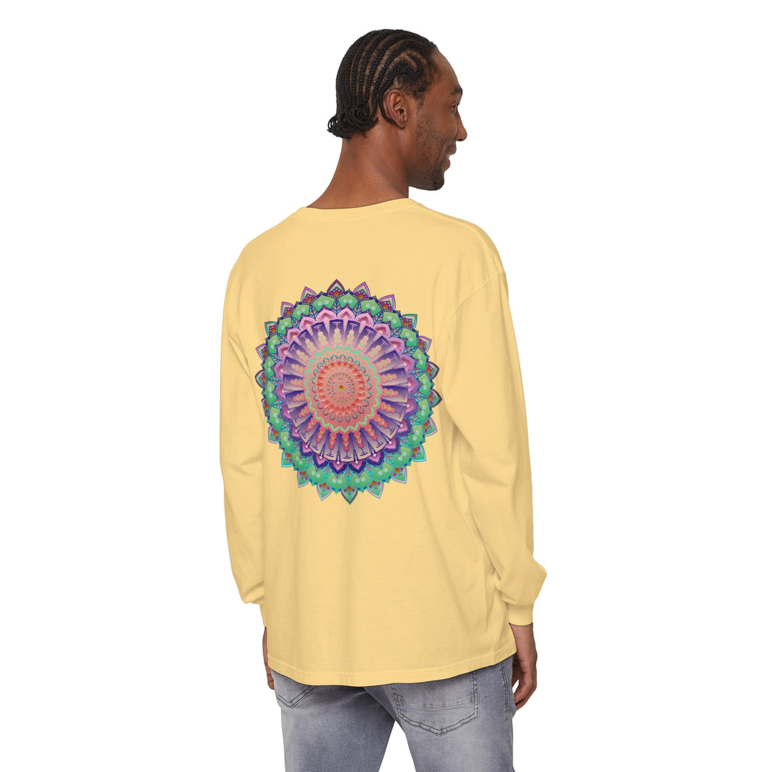 Colorful unisex long sleeve t-shirt featuring a vibrant mandala design