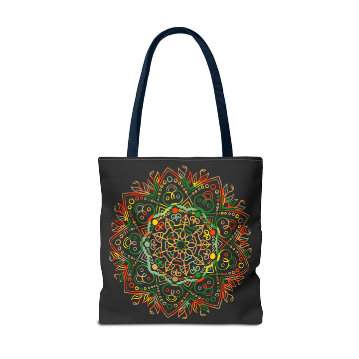 Mandala Art Hand-Drawn Tote Bag with All-Over Print (AOP) showcasing intricate and colorful hand-drawn mandala design on durable canvas material