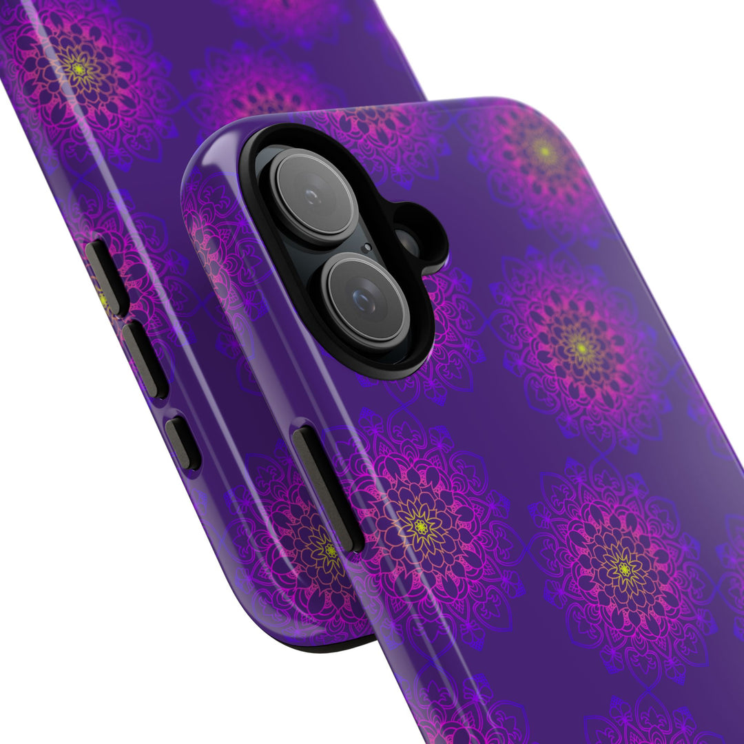Intricate Purple Floral iPhone Case with Bold Mandala Design