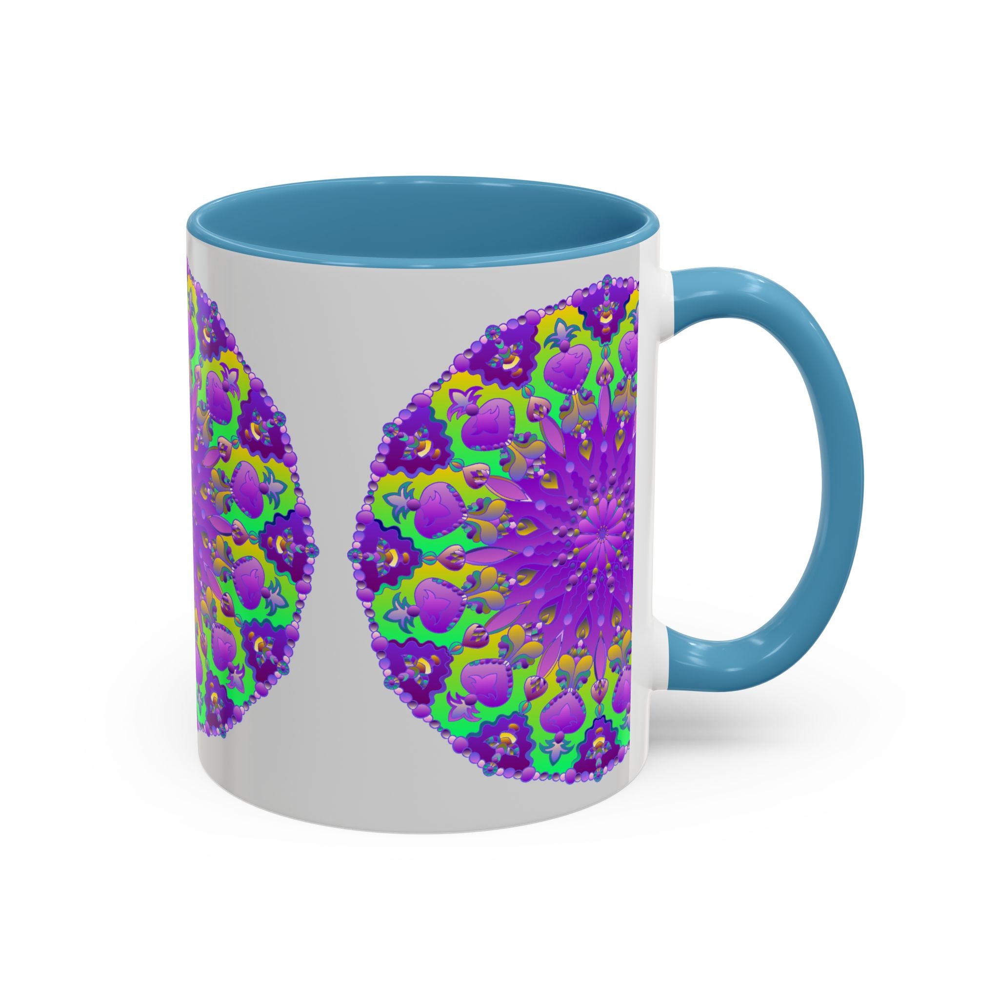 A close-up image of a purple mandala mug with vibrant art on a grey background