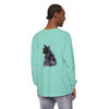 A black cat watercolor long sleeve t-shirt featuring a whimsical feline design