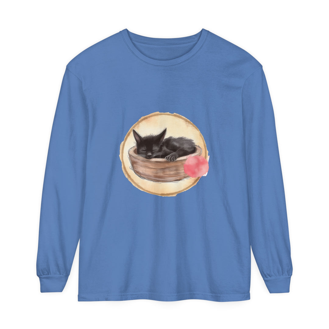 Watercolor painting of a cute sleeping cat in a bowl on a long sleeve t-shirt