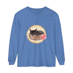 Watercolor painting of a cute sleeping cat in a bowl on a long sleeve t-shirt