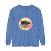 Watercolor painting of a cute sleeping cat in a bowl on a long sleeve t-shirt