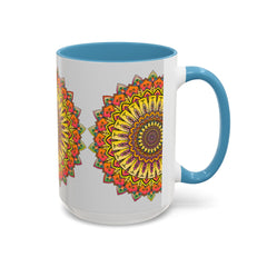 Large grey coffee mug with colorful and vibrant mandala design