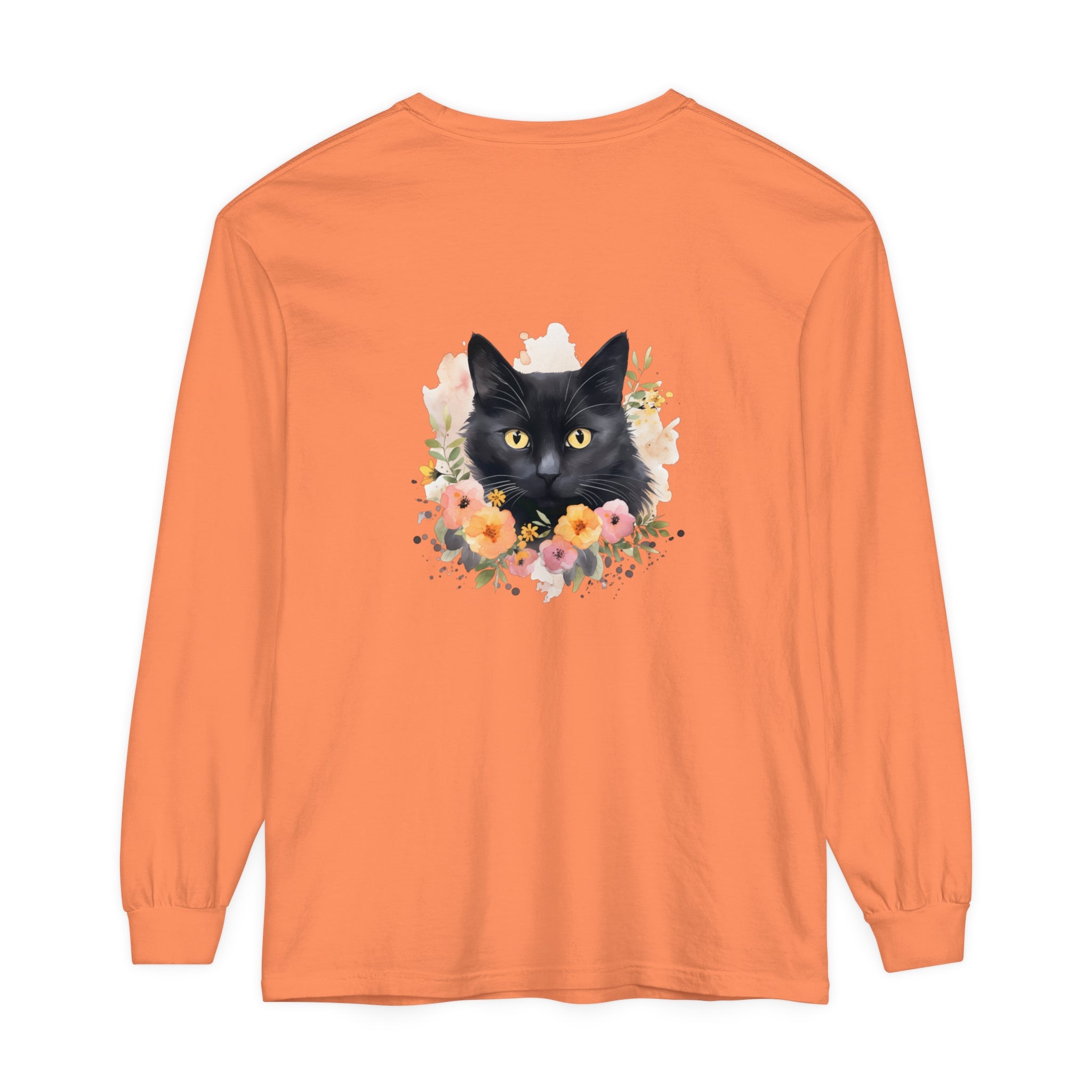 Black Cat Floral Portrait Unisex T-Shirt, a stylish and comfortable piece for cat lovers and fashion enthusiasts, featuring a detailed black cat illustration with a vibrant floral background