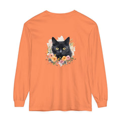 Black Cat Floral Portrait Unisex T-Shirt, a stylish and comfortable piece for cat lovers and fashion enthusiasts, featuring a detailed black cat illustration with a vibrant floral background