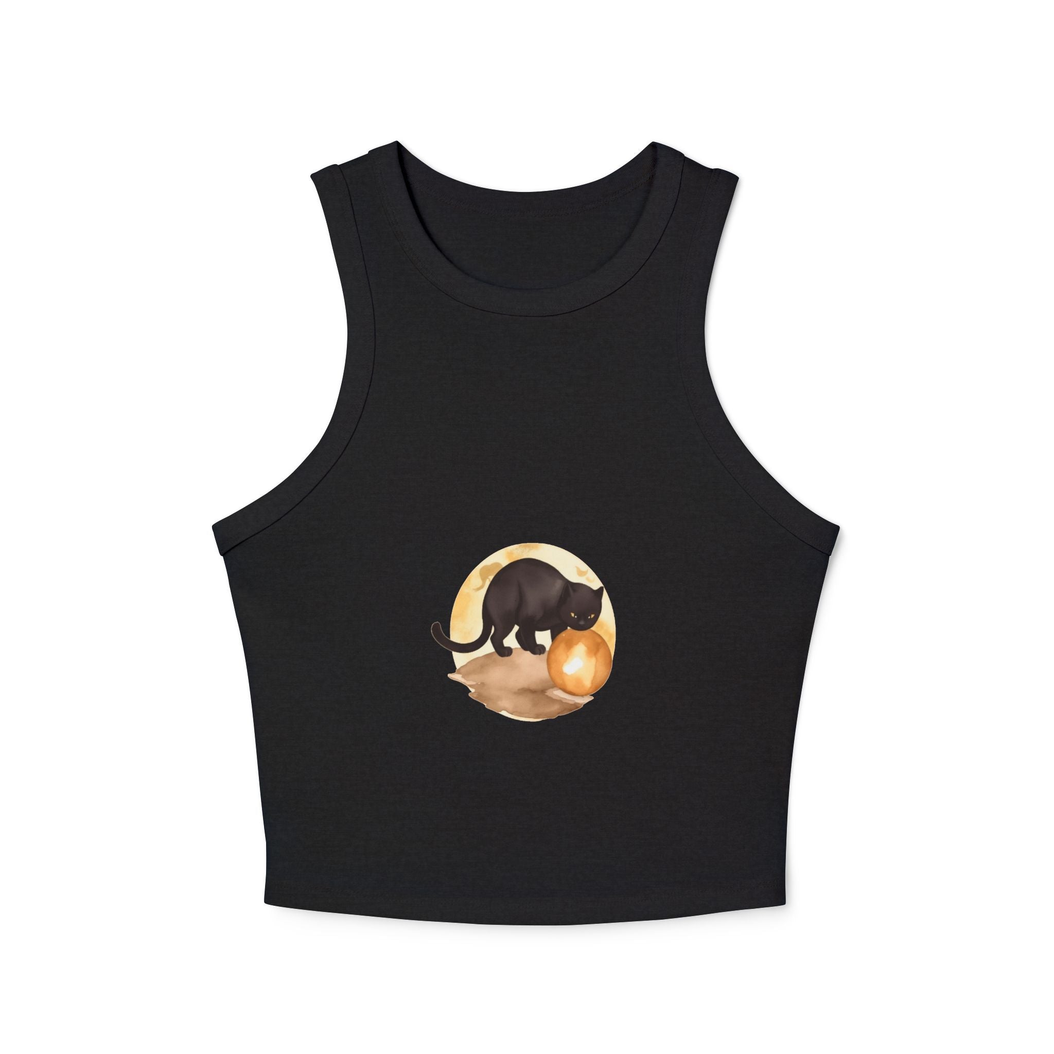  Close-up of Black Cat Moon Racerback Tank Top showing the racerback detail