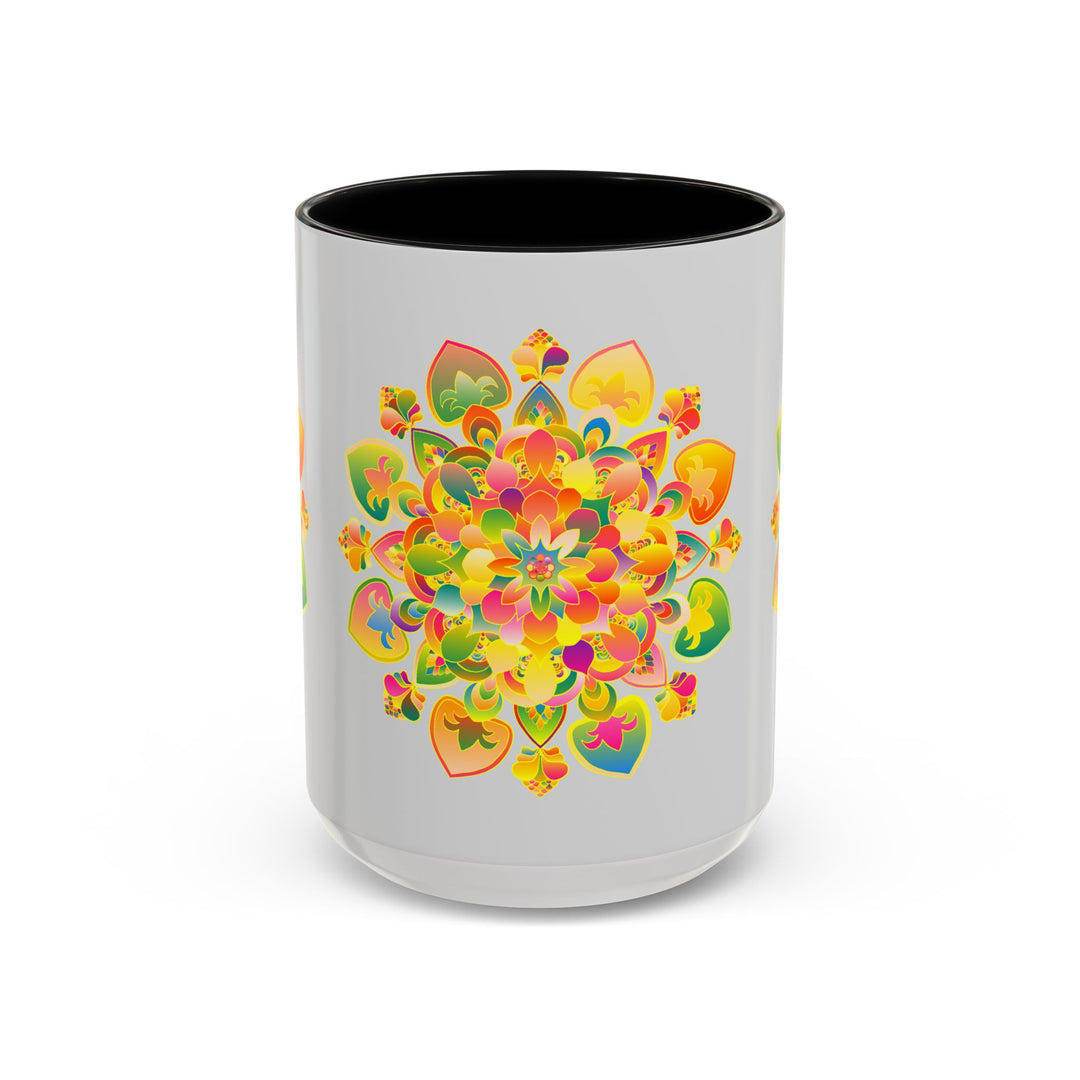 Colorful mandala art mug with intricate floral design, perfect for sipping your favorite hot beverages in style