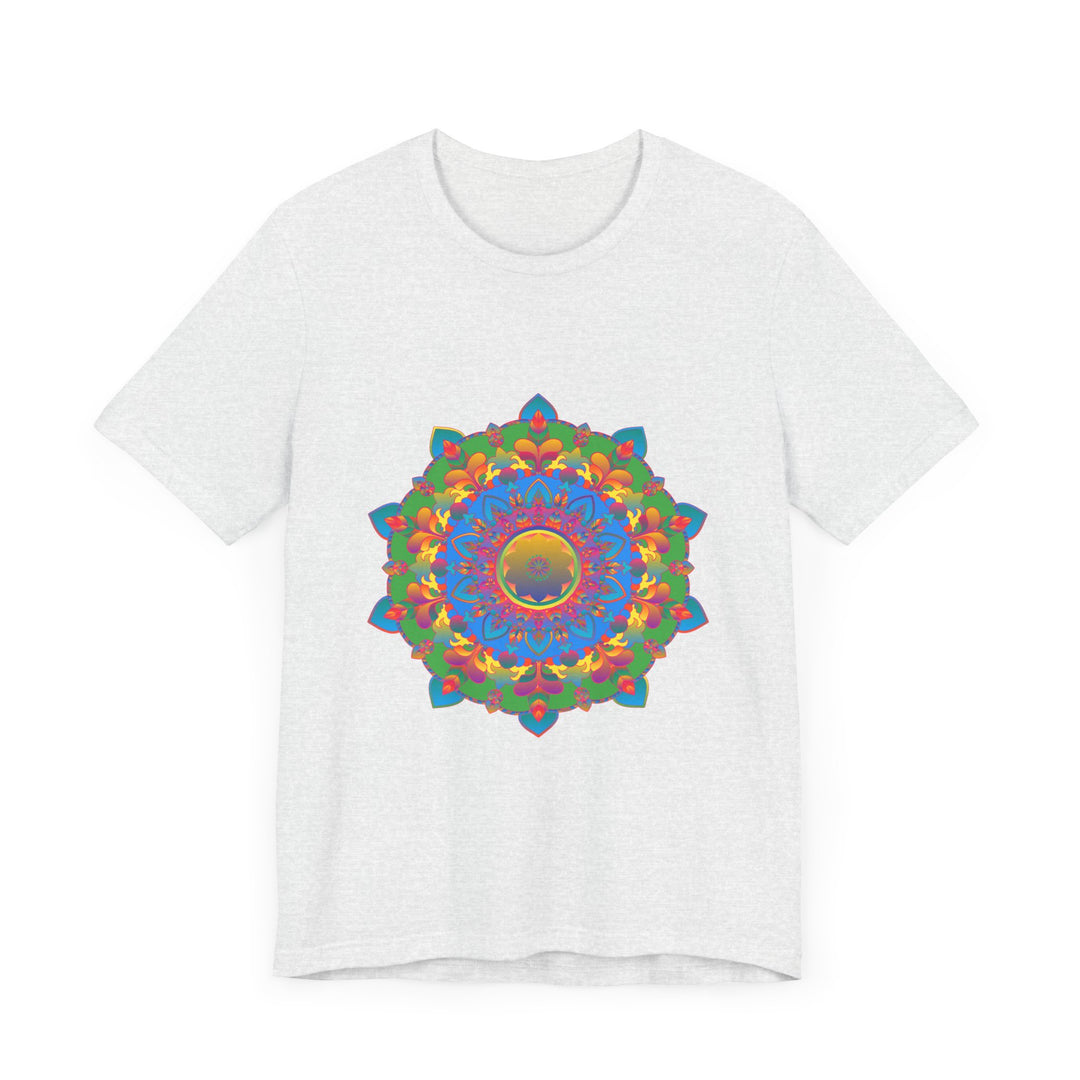 Vibrant and detailed mandala design t-shirt in various shades of blue, green, and purple with intricate patterns and shapes