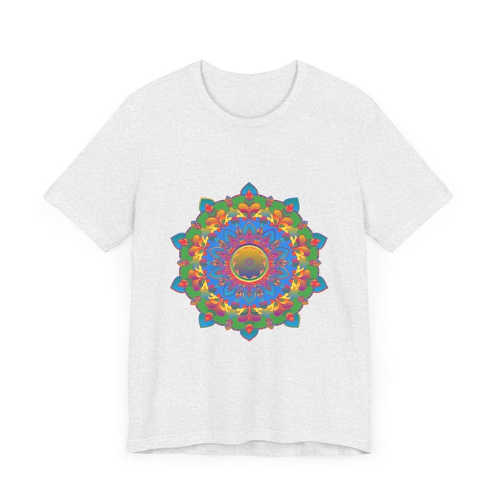 Vibrant and detailed mandala design t-shirt in various shades of blue, green, and purple with intricate patterns and shapes