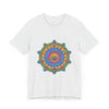 Vibrant and detailed mandala design t-shirt in various shades of blue, green, and purple with intricate patterns and shapes