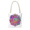 Colorful mandala tote bag with vibrant, intricate design and all-over print