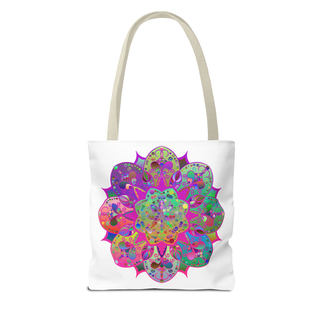 Colorful mandala tote bag with vibrant, intricate design and all-over print