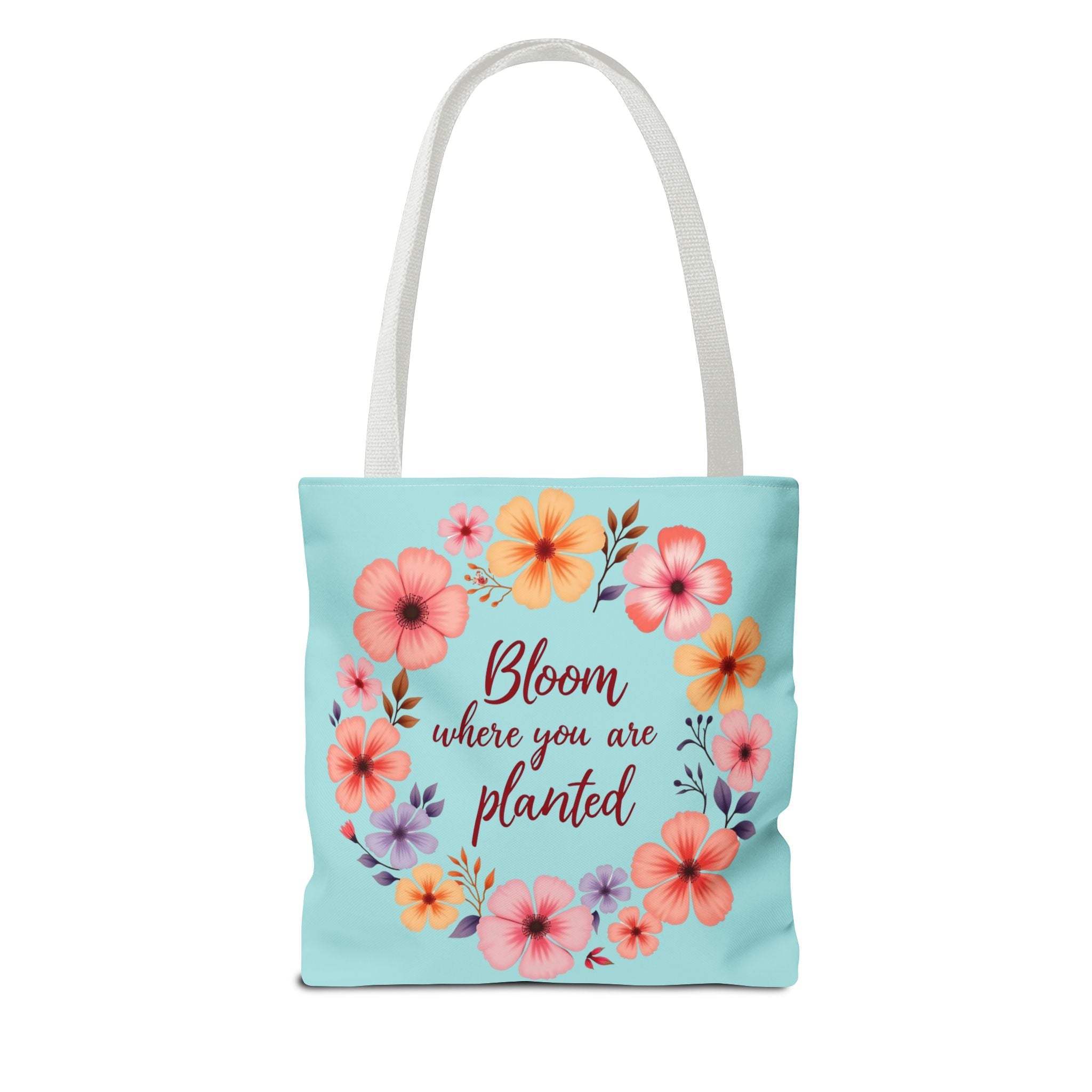 Three sizes of floral tote bag with 'Bloom Where You Are Planted' design