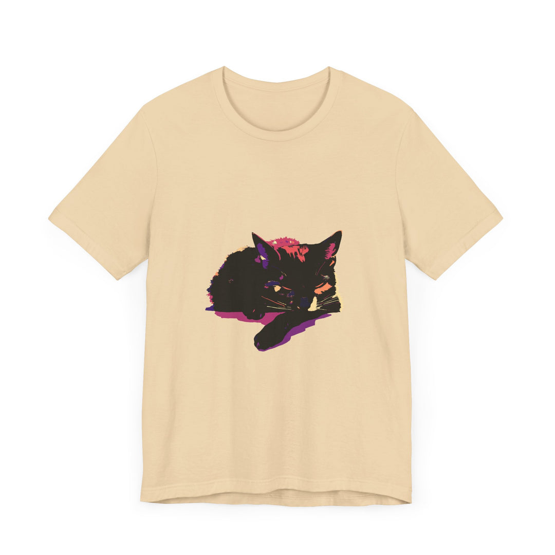 A black cat mystery colorful sleep t-shirt displayed on a hanger