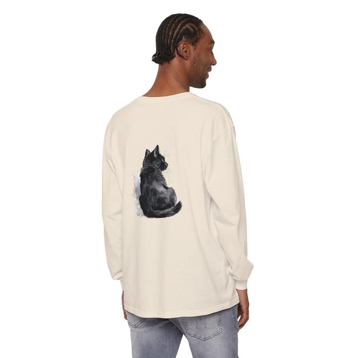 Black Cat Watercolor Unisex Long Sleeve T-Shirt featuring a stunning watercolor design of a black cat on a soft, comfortable long sleeve shirt