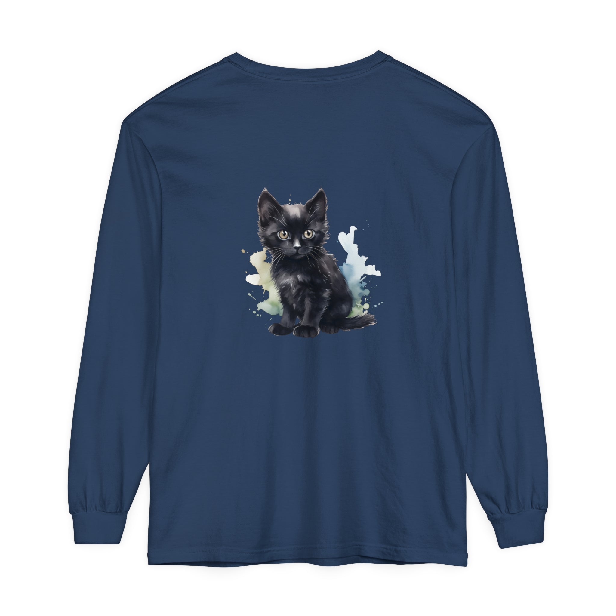 Long sleeve black kitten watercolor t-shirt with vibrant and detailed design