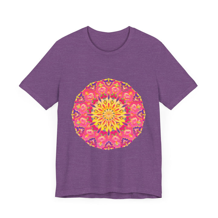 A vibrant and colorful mandala t-shirt, featuring symmetrical design and bright hues