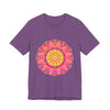 A vibrant and colorful mandala t-shirt, featuring symmetrical design and bright hues