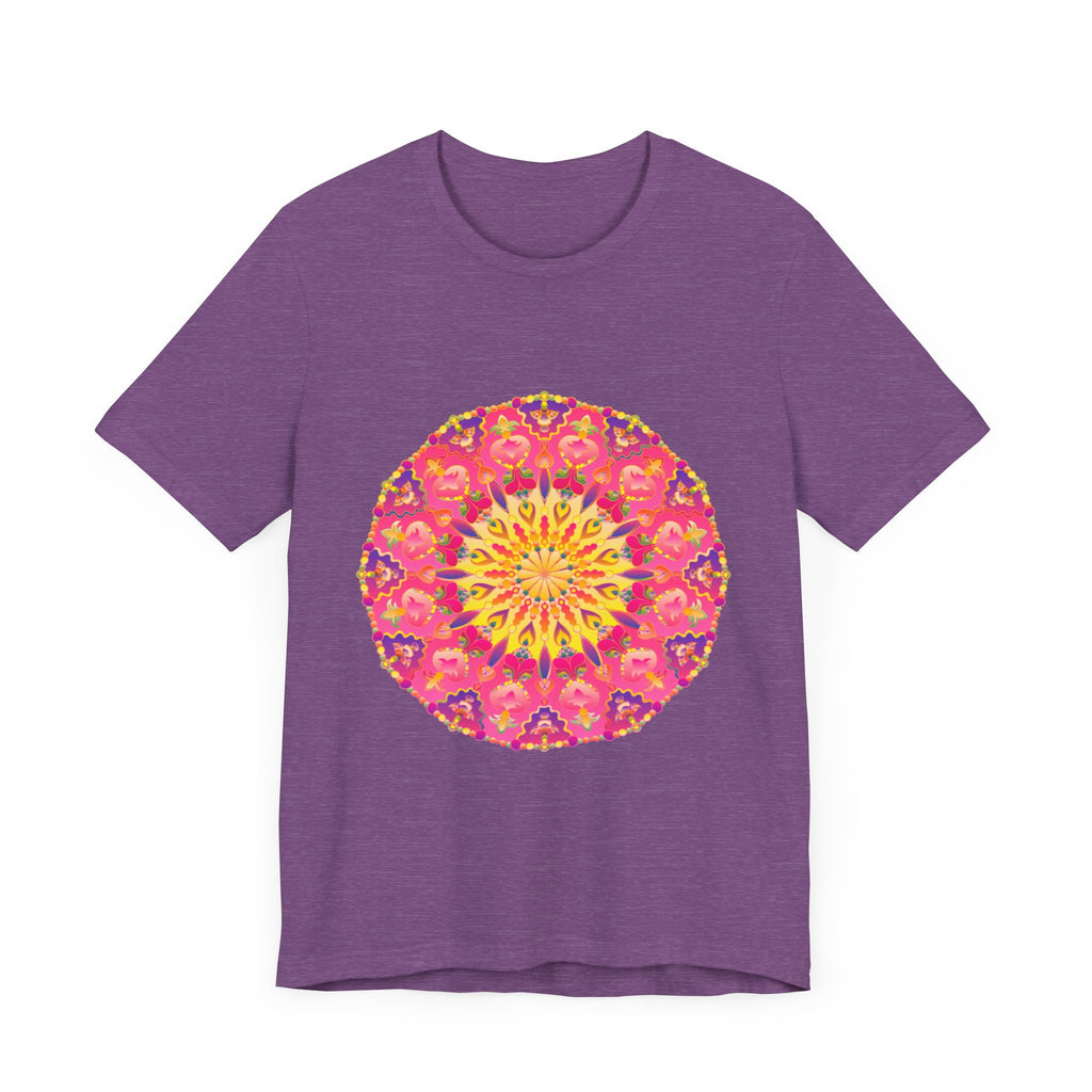 A vibrant and colorful mandala t-shirt, featuring symmetrical design and bright hues