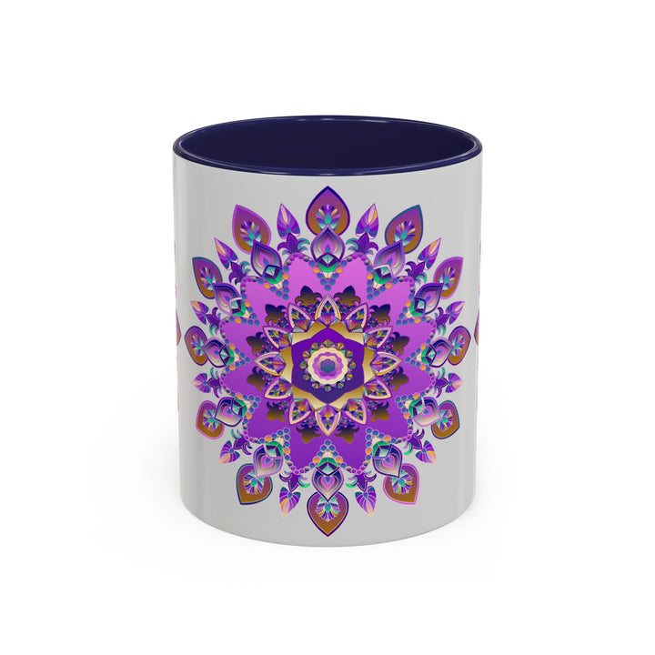 Beautiful purple and gold mandala mug with intricate bohemian art design