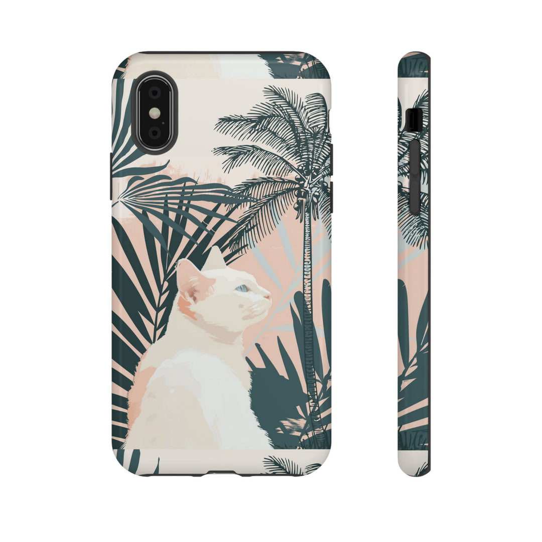 Tropische Katzen-Telefonhülle mit üppigen Palmenmotiven und sanften Pastelltönen