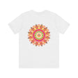 A beautiful and colorful mandala tee with spiritual symbols for peace and harmony