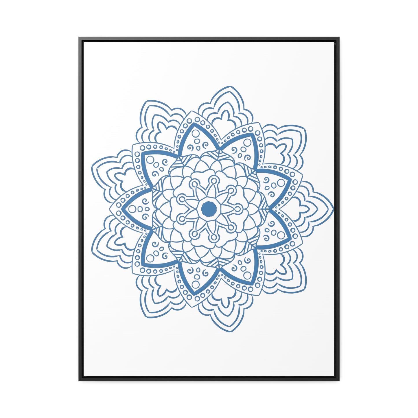 Handmade steel blue mandala design wall art on gallery canvas wraps in a vertical frame