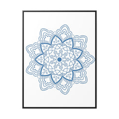 Handmade steel blue mandala design wall art on gallery canvas wraps in a vertical frame