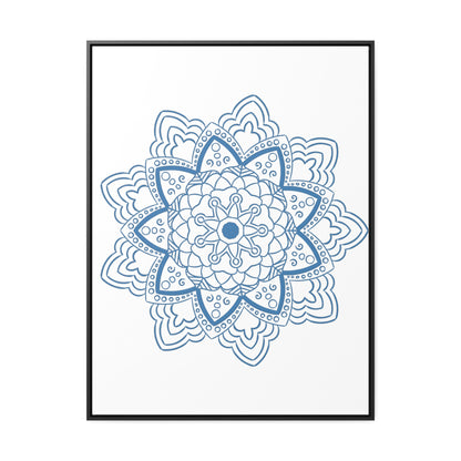 Handmade steel blue mandala design wall art on gallery canvas wraps in a vertical frame