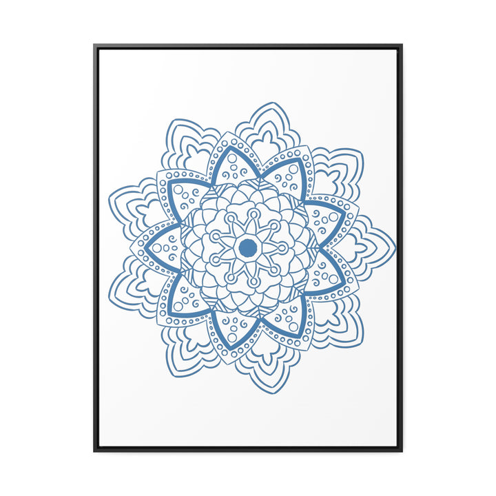 Handmade steel blue mandala design wall art on gallery canvas wraps in a vertical frame